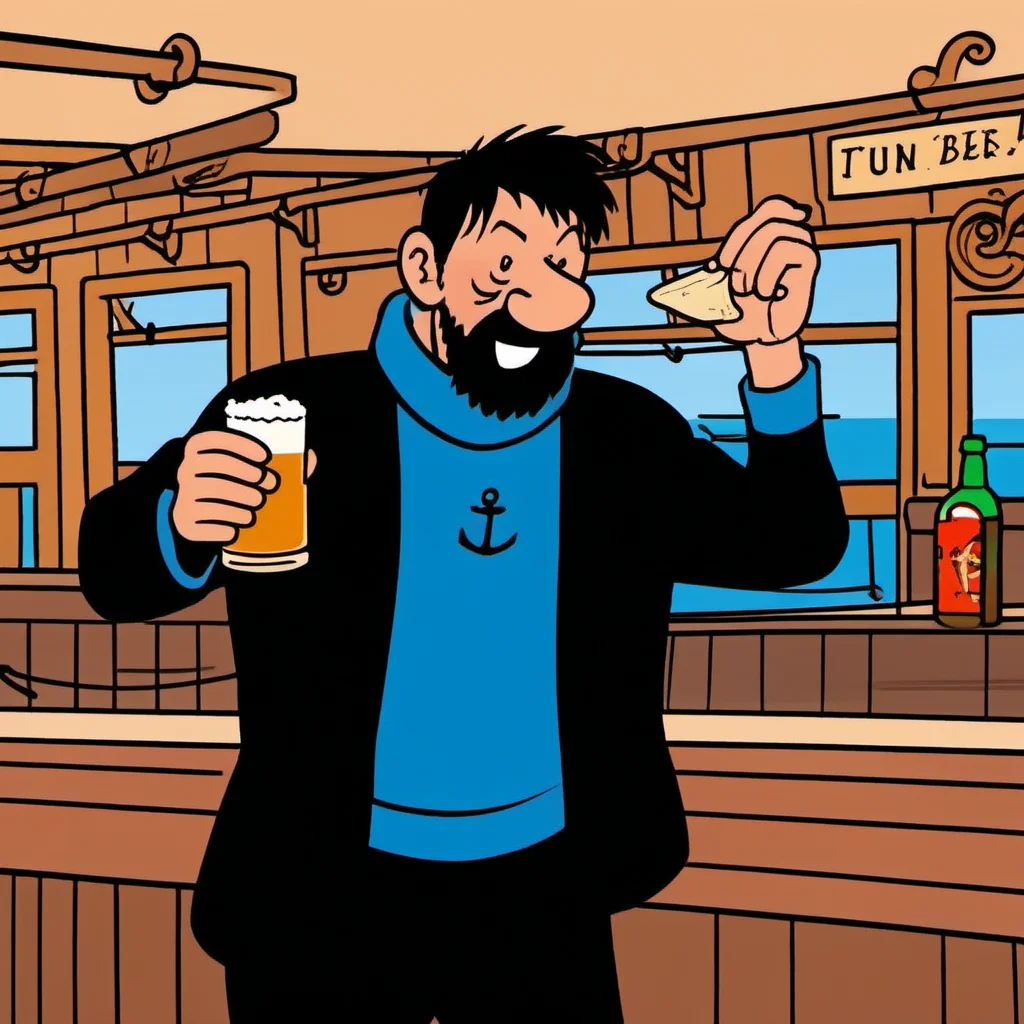 comic a man ,black hair, blue shirt, black jacket, blush, black pant, facial hair, aving a beer in a cruiseboat pub <lora:Haddock1024:0.8> . graphic illustration, comic art, graphic novel art, vibrant, highly detailed