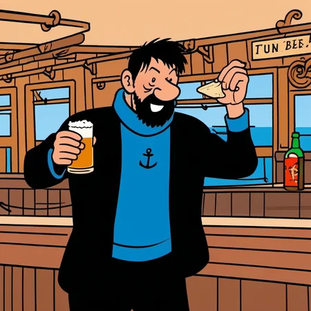 comic a man ,black hair, blue shirt, black jacket, blush, black pant, facial hair, aving a beer in a cruiseboat pub <lora:Haddock1024:0.8> . graphic illustration, comic art, graphic novel art, vibrant, highly detailed