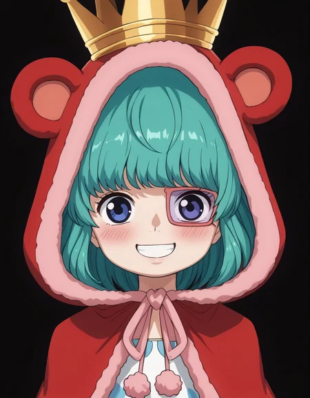 <lora:Sugar:1>sug4r, animal hood, animal ears, smile, crown, excited, cute, smile, blush, simple black background