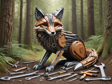 a fox made out of tools, in a forest setting <lora:tools-world-morph:0.8>