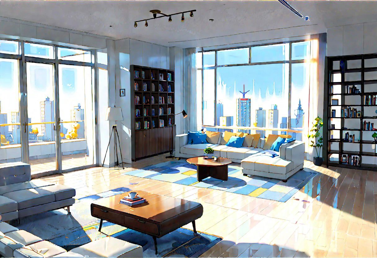 ((front view)), (Close-Up View), (Rule of Thirds), ((animation style)), modern-style interior, white walls, ((large windows)), wooden floor, a  study, Sofa, coffee table, bookcase, single wall, 
warm light morning sun, (((City high-rise building scenery))), (((clear sky)))