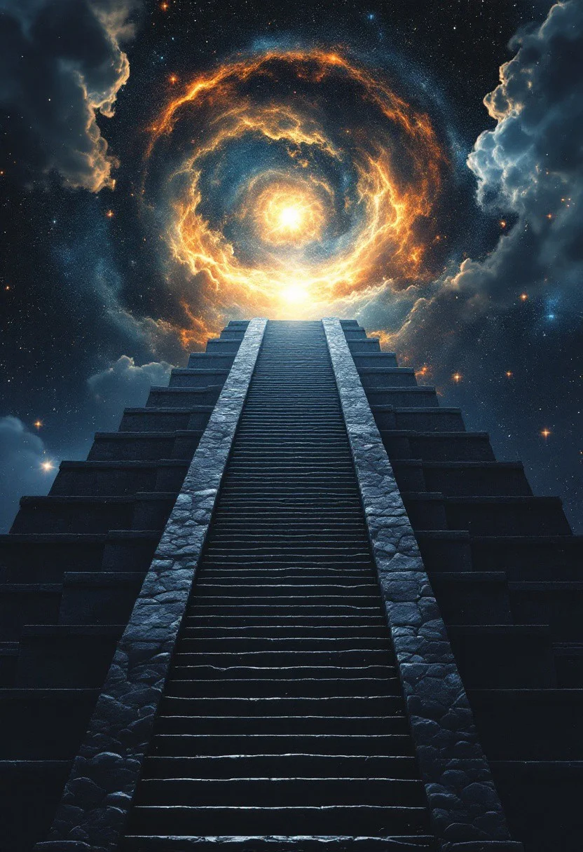 A Mayan pyramid in Yucatan, stairs ascending to the cosmos.