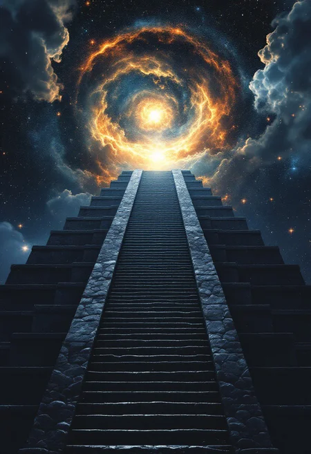 A Mayan pyramid in Yucatan, stairs ascending to the cosmos.