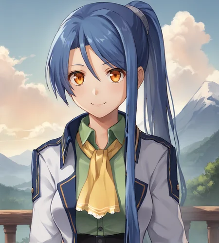 score_9, score_8_up, score_7_up, source_anime,
BREAK,
<lora:TrailsOfColdSteel-ClassVII:0.9>, Laura S Arseid, long hair, ponytail, blue hair, orange eyes, medium breasts, white jacket, yellow neckwear, green shirt, black corset, black thighhighs, black shorts, white belt, white boots,
BREAK,
1girl, solo, happy, looking at viewer, upper body, portrait,
BREAK,
kokura_masashi
BREAK,
1girl, outdoors, sky, clouds, distant mountains,