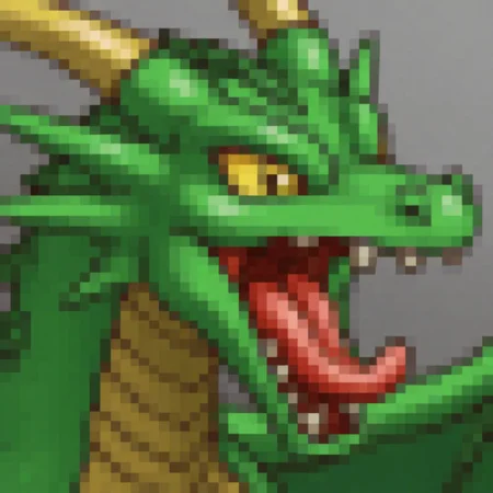 no humans,
dragon, green skin, yellow sclera, open mouth, fangs, tongue, horns