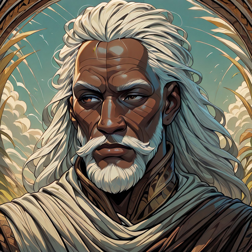 masterpiece, best quality, newest, absurdres, highres, anime, anime style, detailed face, 1boy, Illustratedafricanfemale, dark-skinned male, african male, african, old man, old, wrinkles, winkly face, dredlocks, white hair