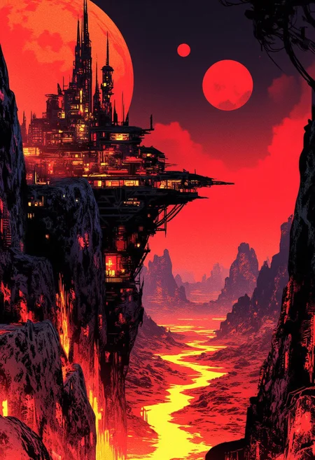 Inkpunk Anime, Abstract digital painting in the style of ck-js, arid volcanic landscape, Artemis Station perched at the edge of a volcanic cliff, its sleek towers a stark contrast to the cliffs surrounding it. The planet’s sun casts a vivid, surreal light across the station, while deep fissures reveal glowing rivers of molten lava far below. The sky is a surreal shade of black and red, with two moons hanging low in the horizon, each reflecting light off the surface.