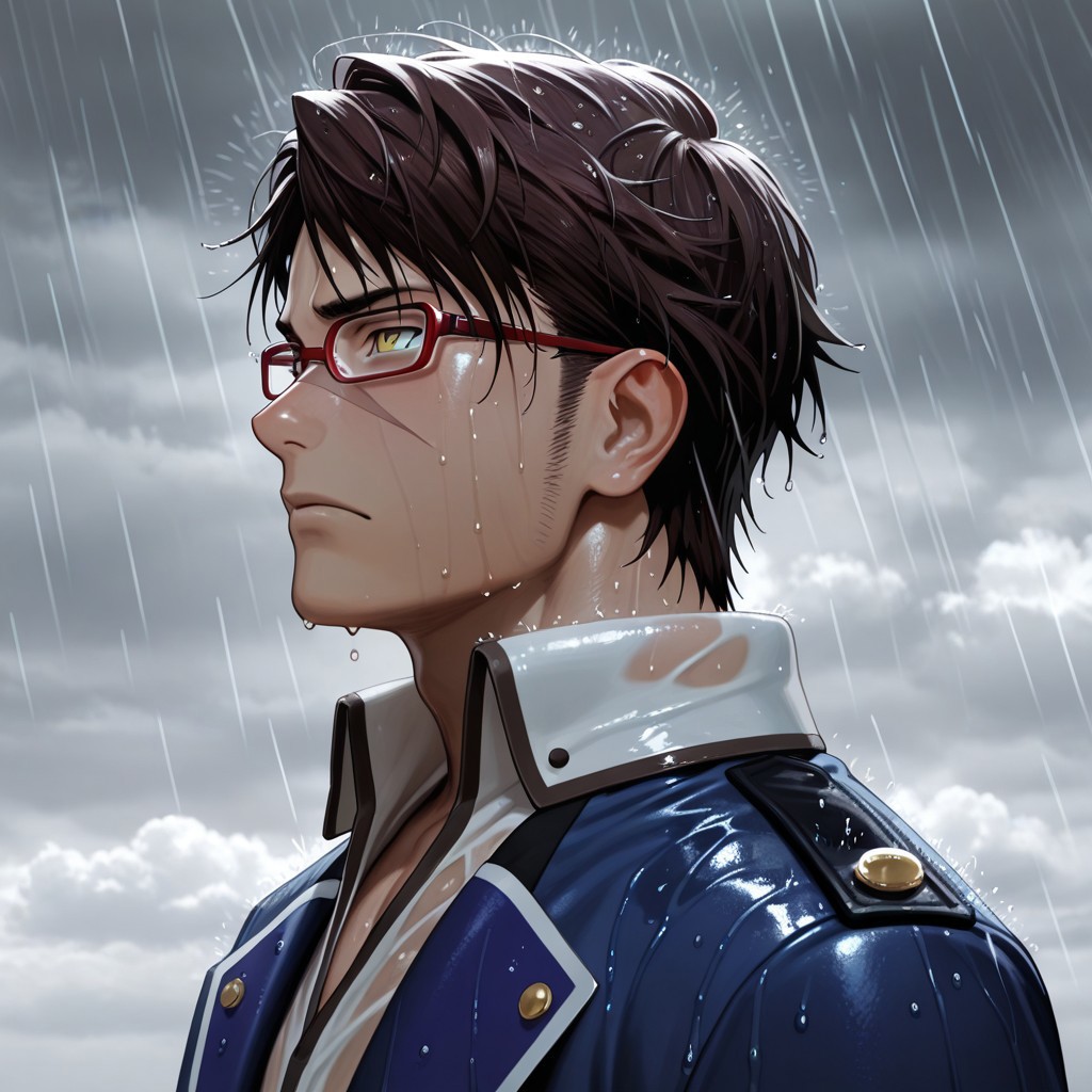 masterpiece, best quality, amazing quality, absurdres, newest, detailed background, definition so sharp, Ultra-HD, 8K cinematic, very awa, impressionate, amazing quality, highres, 
solo, male focus, manly, mature male, bara, cloud, grey, rain, wet,
goukizenjou, gouki_brunette, gouki_yellow eyes, 1boy, short hair, sideburns, face scar, red-framed eyewear, blue coat, white collared shirt, serious face, wet clothes, looking up, side view, sad expression