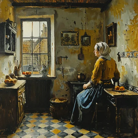 Painting of a mother working in the kitchen <lora:tbh122-sdxl:1> style of Jan Vermeer