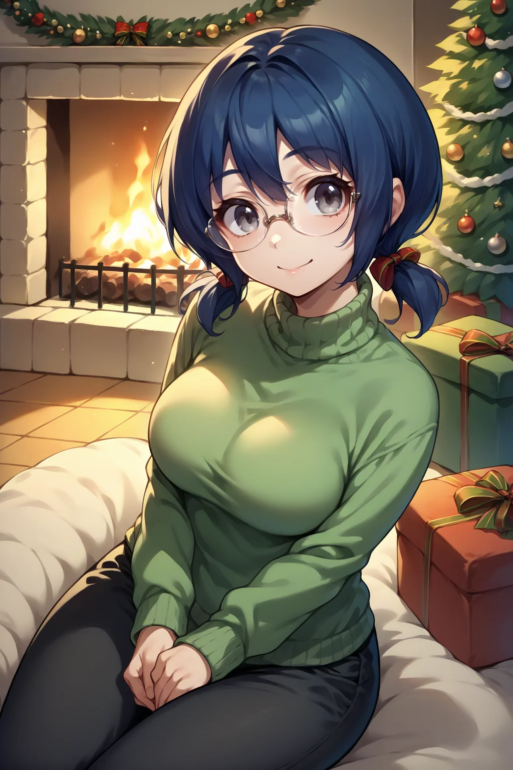score_9, score_8_up, score_7_up, score_6_up, source_anime, 1girl, solo <lora:funabori-pdxl-nvwls-v1-000005:1> funabori, dark blue hair, grey eyes, short twintails, glasses, knit sweater, green sweater, black pants, sitting, breasts, fireplace, indoors, christmas tree, smile