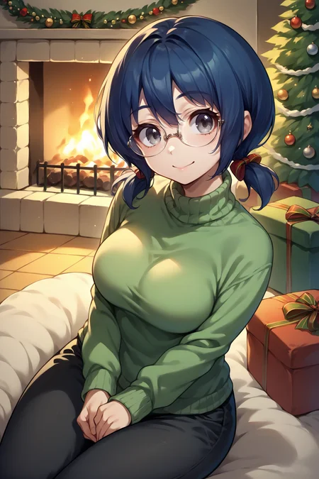 score_9, score_8_up, score_7_up, score_6_up, source_anime, 1girl, solo <lora:funabori-pdxl-nvwls-v1-000005:1> funabori, dark blue hair, grey eyes, short twintails, glasses, knit sweater, green sweater, black pants, sitting, breasts, fireplace, indoors, christmas tree, smile