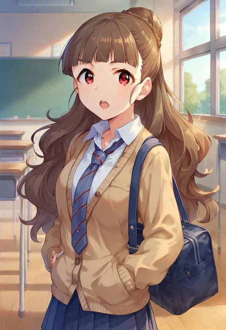 score_9, score_8_up, score_7_up, source_anime,kamiya nao, brown hair, long hair, red eyes, 1girl, solo, necktie, bag, hand in pocket, school bag, hair bun, school uniform, looking at viewer, open mouth, classroom