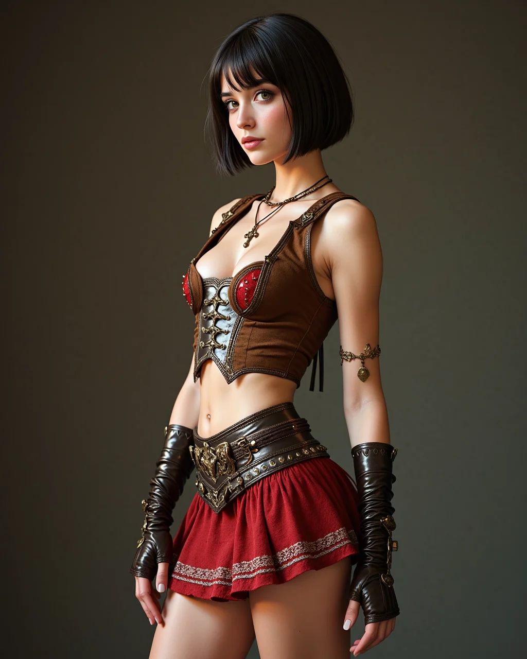 raw photo of a beautiful 20 yr old european women supermodel in mini-skirt, full body view, (Fantasy), magical, mythical, medieval clothing, colorful, realistic, detailed, textured, smooth clear blemish free skin, no freckles, short hair with bangs, large round eyes, glossy lips, by Alex Huguet, Mike Hill, Ian Spriggs, JaeCheol Park, Marek Denko,