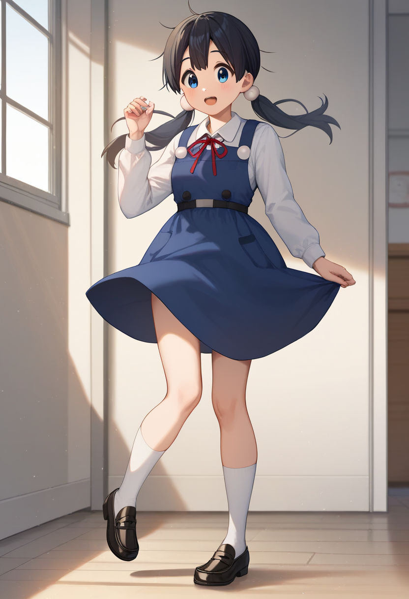 score_9,score_8_up,score_7_up,<lora:kitashirakawa_tamako_pony:1>,blue_dress, loafers, kitashirakawa_tamako, hair_bobbles, mole_on_neck, collared_shirt, full_body, pinafore_dress, white_socks, 1girl, solo, white_shirt, absurdres, highres, dress_shirt, bubble, school_uniform