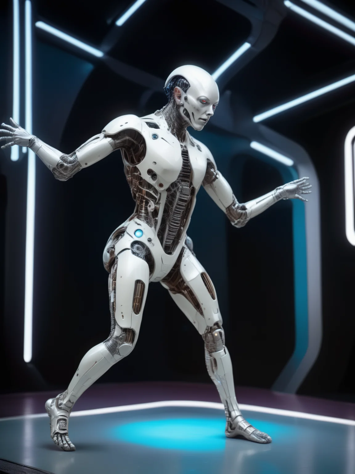 bbuk_style <lora:PureDarkness_RetroSciFi-000060:0.9> a person with mechanical limbs dancing on a stage