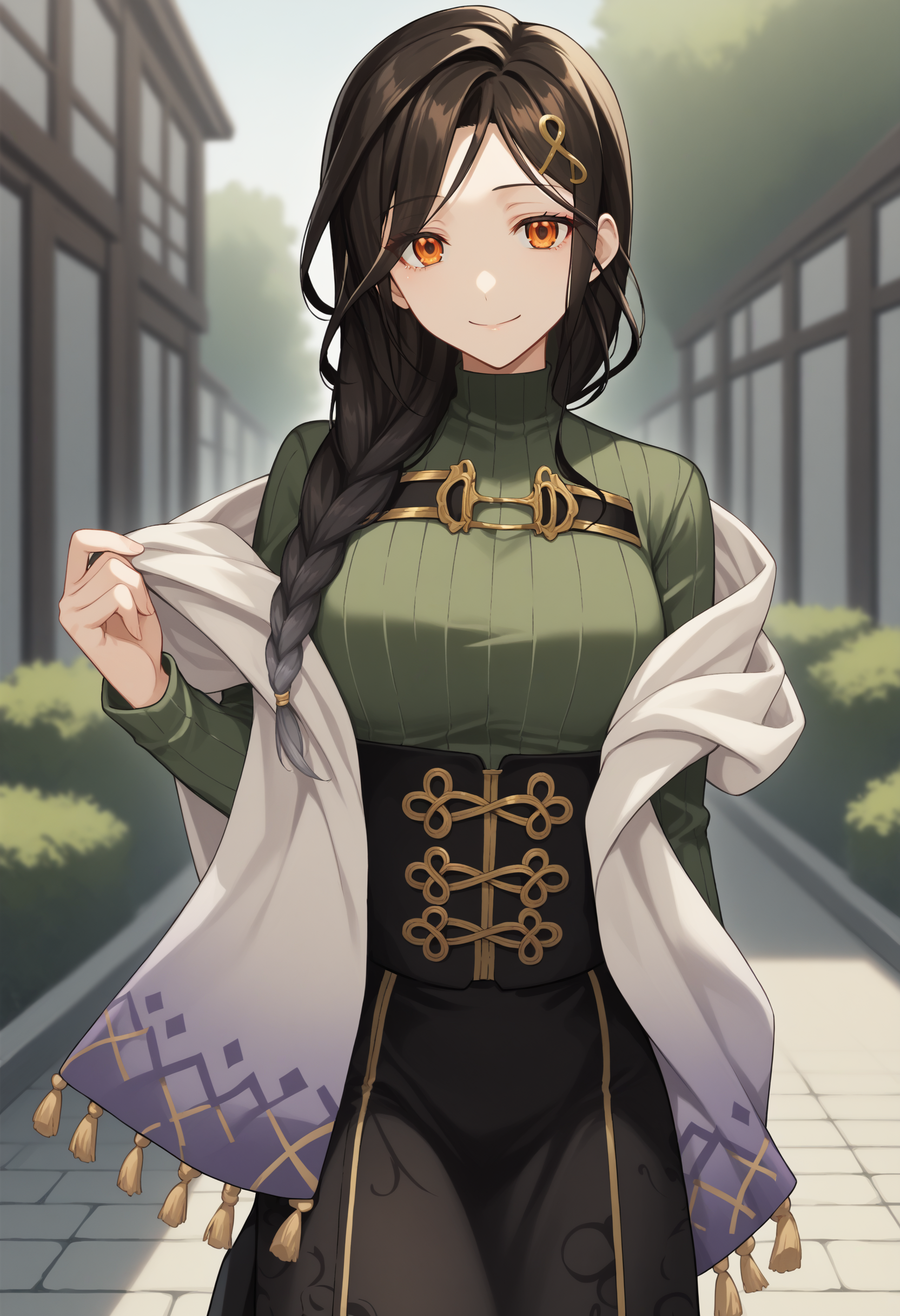 score_9, score_8_up, score_7_up, source_anime, st1, orange eyes, black hair, multicolored hair, gradient hair, braid, single braid, long hair, hair ornament, smile, sweater, green sweater, ribbed sweater, long sleeves, shawl, corset, skirt, black skirt, outdoors,  looking at viewer<lora:ShirayukiTomoeXLv2-18:1>