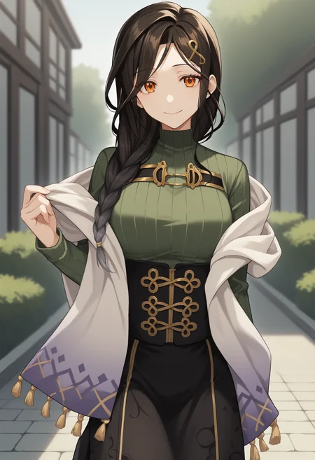 score_9, score_8_up, score_7_up, source_anime, st1, orange eyes, black hair, multicolored hair, gradient hair, braid, single braid, long hair, hair ornament, smile, sweater, green sweater, ribbed sweater, long sleeves, shawl, corset, skirt, black skirt, outdoors, looking at viewer<lora:ShirayukiTomoeXLv2-18:1>