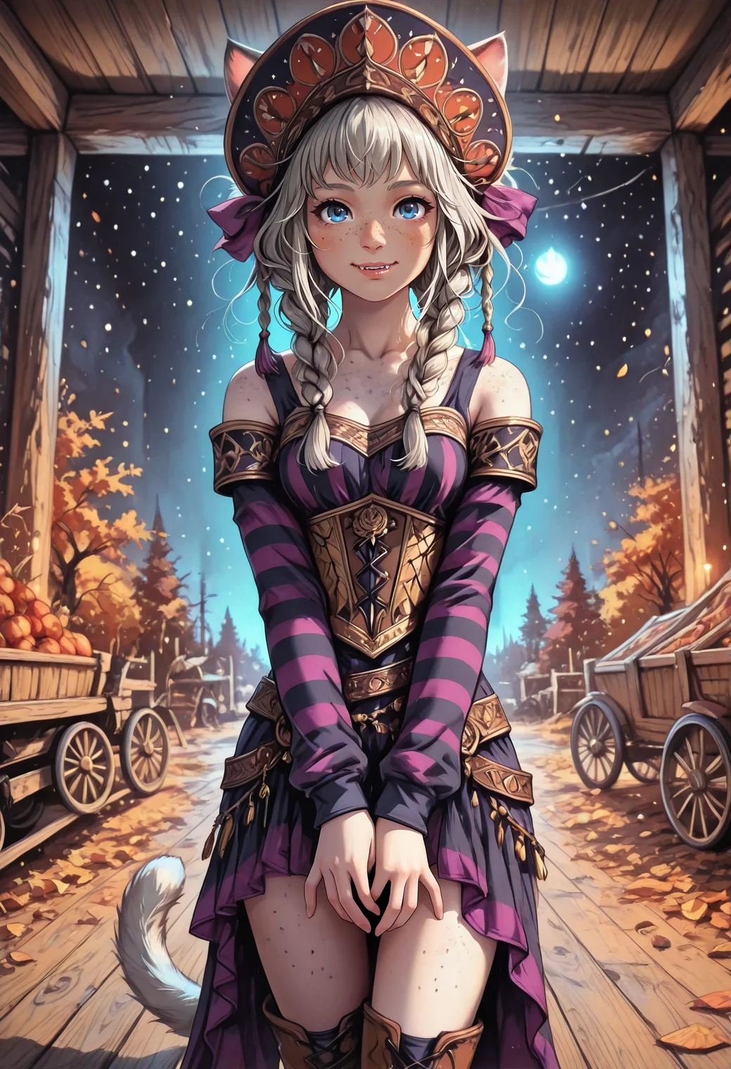 realistic, very awa, ambient occlusion, ray tracing, [sei shoujo], [yoshiten], [libbyframe], style parody, [bang_dream!], [arcane:_league_of_legends], [league_of_legends], saturated, colorful, (dynamic angle:1.3), (cowboy shot:1.2), portrait BREAK 1girl, solo, <lora:Female_Miqote_FFXIV_Races_LoRa_Illustrious_XL:0.7> F3MM3MIQ0, cat_girl, <lora:anti_human_ears:0.85> light olive hair, long loose braids hair, animal_ears, cat_ears, tail, cat_tail, <lora:Fangs_V4:0.6> fangs, blue eyes, freckles, body freckles (brown skin:1.2), gangly body, , perfect hands, moist lips, (smiling), BREAK fighter, wearing striped (detailed purple velvet armor trapeze dress),, boots, warbonnet BREAK medieval, fantasy, indoors, urban market, wood floors, tents,wagons, standing, legs together , v arms, autumn, night, cool light, heavy shadows, 2 moons,, dynamic lighting BREAK <lora:reij-rt:0.8> <lora:WatercolorSketchIL:0.6> Jedwtrsk, sketch, watercolor, <lora:grunge_anime_aesthetic_illustriousXL:0.5> grunge_anime_aesthetic, <lora:edgGrungeFreestyleILS:0.6> wearing edgGrunge_clothing, <lora:yazloba_darkfantasy_v.2:0.5> yazloba_dark_fantasy, <lora:Urban_Fantasy_Waifu:0.6> ImHigh