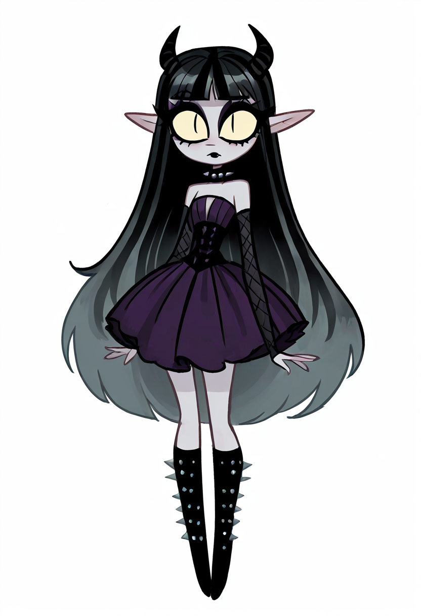(masterpiece, best quality, good quality, very aesthetic, absurdres, newest:1.2),    1girl, solo, eyelashes, (beautiful eyes),   1girl, solo, long hair, black hair, purple and black hair, looking at viewer, horns, pointy ears, bangs, blunt bangs, slit pupils, yellow sclera, grey skin, makeup, eyeshadow, black lips, purple dress, black boots, knee boots, spikes, spiked collar, gothic, standing, full body, simple background, white background   ,      <lora:VampieNAI:1.0>,