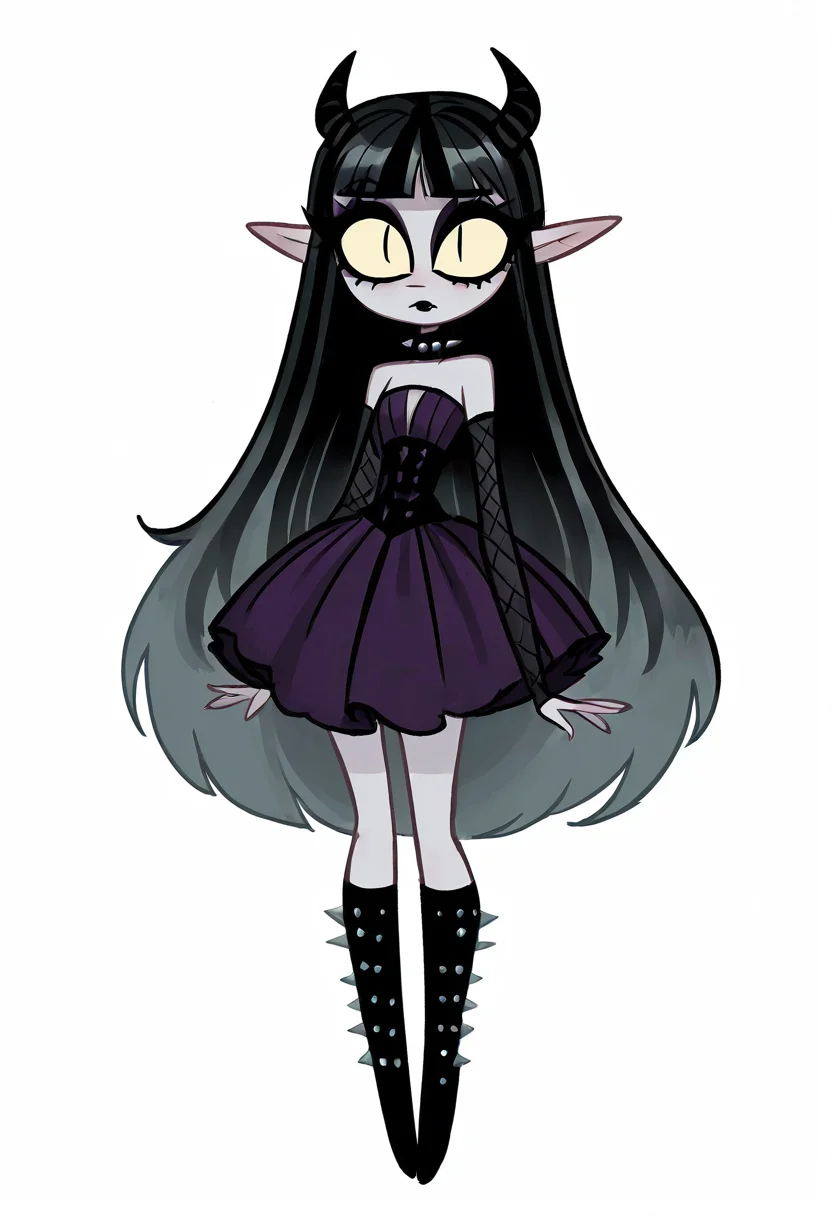 (masterpiece, best quality, good quality, very aesthetic, absurdres, newest:1.2), 1girl, solo, eyelashes, (beautiful eyes), 1girl, solo, long hair, black hair, purple and black hair, looking at viewer, horns, pointy ears, bangs, blunt bangs, slit pupils, yellow sclera, grey skin, makeup, eyeshadow, black lips, purple dress, black boots, knee boots, spikes, spiked collar, gothic, standing, full body, simple background, white background , <lora:VampieNAI:1.0>,