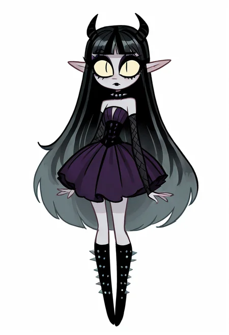 (masterpiece, best quality, good quality, very aesthetic, absurdres, newest:1.2), 1girl, solo, eyelashes, (beautiful eyes), 1girl, solo, long hair, black hair, purple and black hair, looking at viewer, horns, pointy ears, bangs, blunt bangs, slit pupils, yellow sclera, grey skin, makeup, eyeshadow, black lips, purple dress, black boots, knee boots, spikes, spiked collar, gothic, standing, full body, simple background, white background , <lora:VampieNAI:1.0>,