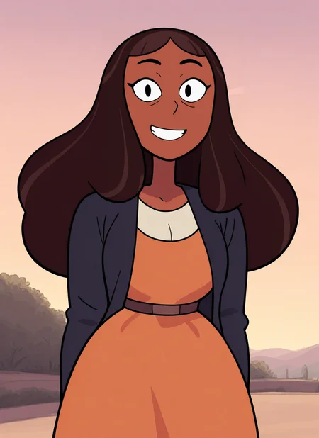 masterwork, sustl, 1girl, prnk, dark skin, long hair, brown hair, looking at viewer, orange dress, large breasts, skinny, black shirt, cleavage, grin, daytime, wind, detailed, masterpiece, best quality, newest, absurdres, highres, <lora:SDXL\Illustrous\Steven-Universe-Style-Illustious:1.0>