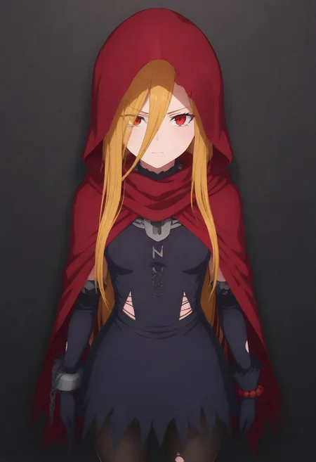 masterpiece, best quality, amazing quality,,, shiny skin,,,,,, <lora:Evileye:1> N4rb3r4lG4mm4, red eyes, blonde hair, very long hair, hair between eyes, torn clothes, hood, pantyhose, black dress, gloves, chain, hooded cloak, shackles,