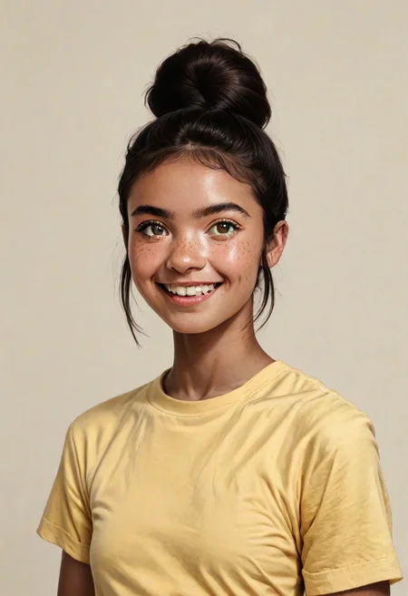 score_9, score_8_up
BREAK
1girl, (dark skin:0.4), prettyface, Manic Pixie, dark hair, hairbun, freckles, cute smile, yellow t-shirt, friendly, seductive, (girl next door:1.5), teeth visible
BREAK
FOV medium shot, simple background