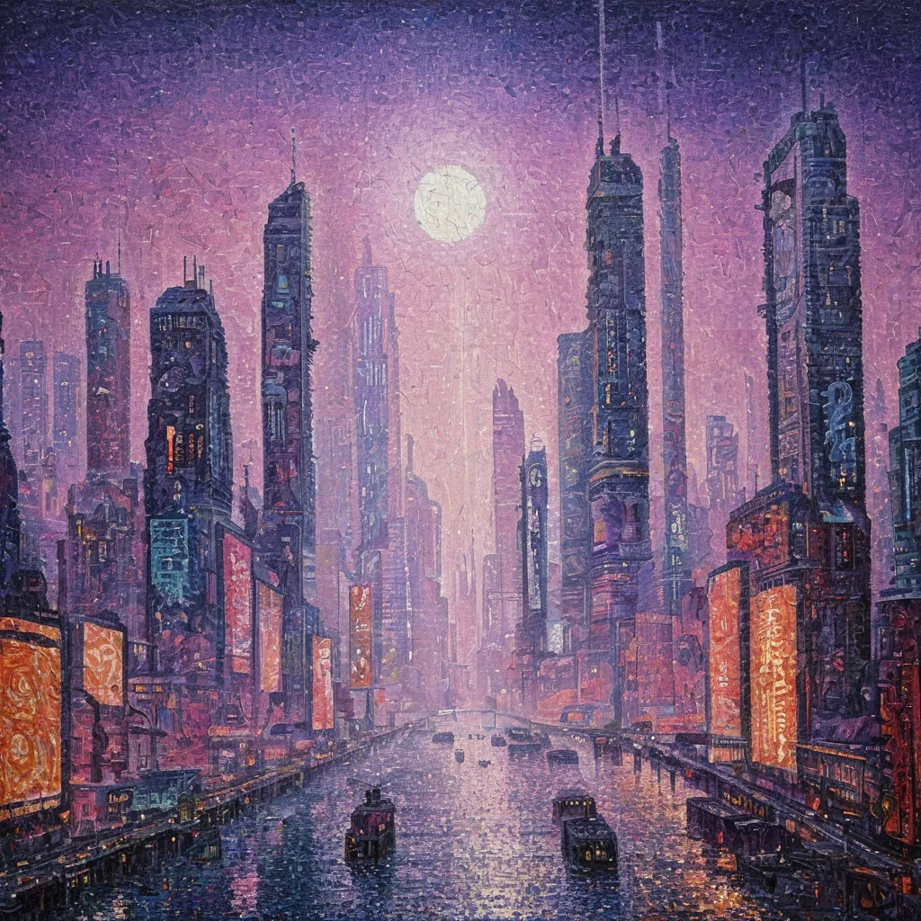 Painting of cyberpunk blade runner city AH_Signac<lora:Paul_Signac_Neo-Impressionist_dotted_paintings_Pointillism:1>