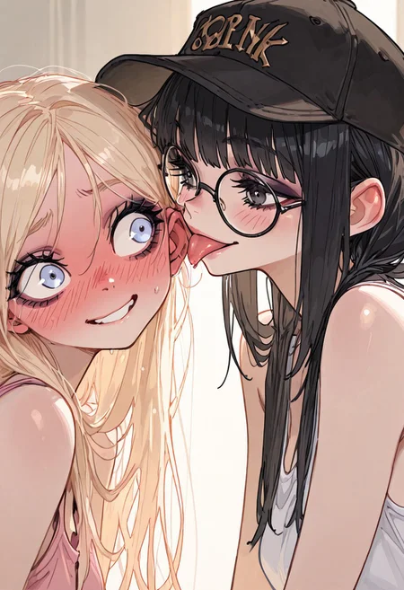 masterpiece, best quality, very aesthetic, absurdres, ambient light, soft light, SagawaStyle, Rapscallionstyle, ma1ma1helmes_b_illu,sketch,
2girls, upper body, close up, girl 1 licking the ear of girl 2, detailed eyes, 
girl 1: side view, blonde, to pink hair, baseball cap, sexy tank top, makeup, lustful smile, 
girl 2: front view, black hair, long taintails, white shirt, glasses, shocked, surprised, red face, heavily blush, panic, embarrassed, looking at girl 1,
high detail, soft shadows