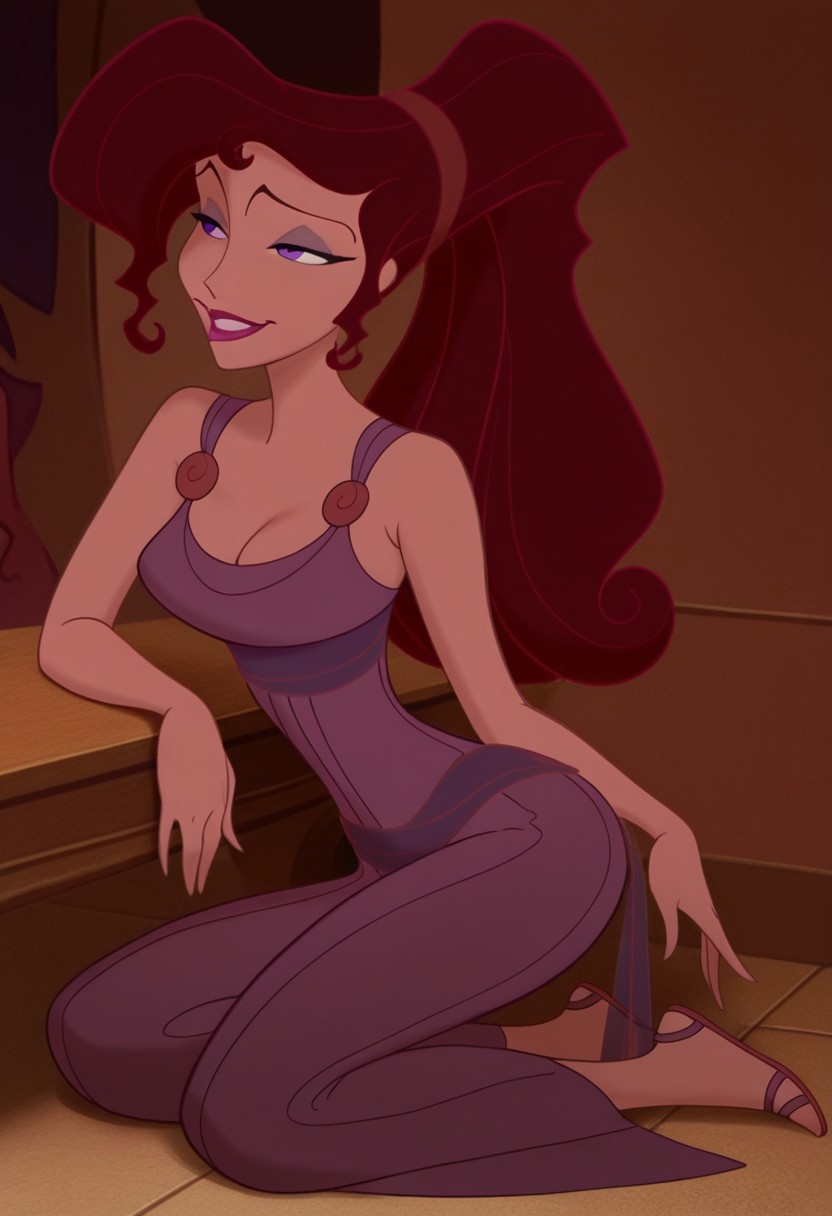 1girl, masterpiece, best quality, amazing quality, absurdres, <lora:Megara__Illustrious:1> m3g4r4, megara (hercules disney), long hair, tied hair, brown hair, purple eyes, purple Greek dress, cleavage, sexy makeup, lipstick, smiling, full body, flirtatious, seductive, alluring,