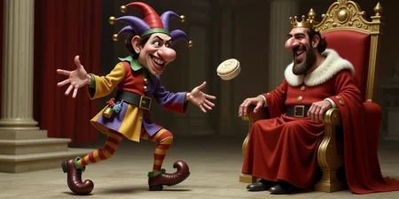 Full-body animated cartoon caricature of a clumsy jester stumbling in front of a king seated on an ornate golden throne. The jester is mid-trip, one curled shoe caught under the other, arms flailing awkwardly with fingers spread wide, trying to regain balance. His multicolored jester hat with three floppy points tipped with tiny gold bells is slipping off his head, one bell frozen in mid-swing. His wide eyes and open mouth show a panicked expression. He's dressed in a patchwork tunic of red, yellow, and purple with striped leggings and oversized curled shoes. A juggling pin and a rubber chicken fly from his belt, and a cream pie he was holding is airborne, heading dangerously close to the king. The king, in rich royal robes and a crown, watches with raised eyebrows and a mixture of amusement and disapproval. The background shows red velvet curtains and marble columns framing the royal hall. <lora:3d_caricature_Strong:0.9>