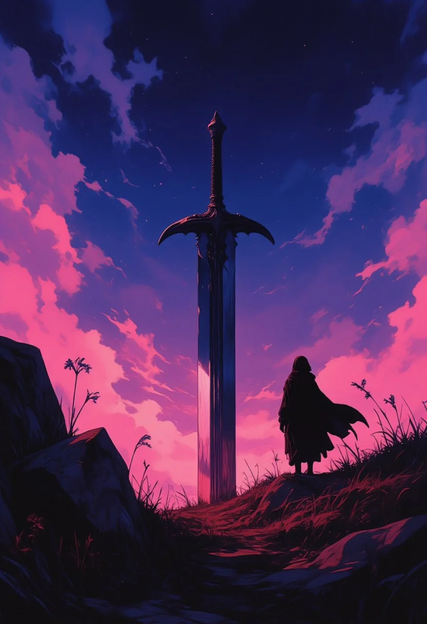 Cinematic anime illustration, dreamy fantasy atmosphere, vibrant dusk lighting. A lone child stands in a windswept grassy field, gazing up at a massive sword embedded in the earth. The sword emits a faint, mystical glow, casting a soft pinkish-red light onto the surrounding grass. The child's silhouette is dark against the luminous sky, wearing a simple cloak that gently billows in the breeze.
Low-angle shot, slightly tilted perspective for depth. The sword is positioned centrally, while the child stands slightly to the left, creating a balanced yet dramatic composition. Large foreground rocks add texture and grounding elements.
The sky is a deep twilight gradient, transitioning from rich purples and blues at the top to warm pinks and magentas near the horizon. Wispy, stylized clouds tinged with pink drift across the sky, illuminated by the fading sunlight. Tiny stars begin to appear, enhancing the dreamlike quality. The grass sways gently, its tips catching the soft ambient glow from the sky and the sword’s light.
The edges of the grass are subtly blurred to create depth, with small wildflowers scattered throughout. The sword’s reflective metal surface gleams faintly, accentuating its grand presence. The child’s posture conveys quiet awe, with one hand at their side, possibly holding a small object. The scene radiates an air of mystery and destiny.