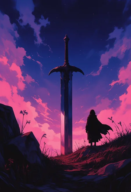 Cinematic anime illustration, dreamy fantasy atmosphere, vibrant dusk lighting. A lone child stands in a windswept grassy field, gazing up at a massive sword embedded in the earth. The sword emits a faint, mystical glow, casting a soft pinkish-red light onto the surrounding grass. The child's silhouette is dark against the luminous sky, wearing a simple cloak that gently billows in the breeze.
Low-angle shot, slightly tilted perspective for depth. The sword is positioned centrally, while the child stands slightly to the left, creating a balanced yet dramatic composition. Large foreground rocks add texture and grounding elements.
The sky is a deep twilight gradient, transitioning from rich purples and blues at the top to warm pinks and magentas near the horizon. Wispy, stylized clouds tinged with pink drift across the sky, illuminated by the fading sunlight. Tiny stars begin to appear, enhancing the dreamlike quality. The grass sways gently, its tips catching the soft ambient glow from the sky and the sword’s light.
The edges of the grass are subtly blurred to create depth, with small wildflowers scattered throughout. The sword’s reflective metal surface gleams faintly, accentuating its grand presence. The child’s posture conveys quiet awe, with one hand at their side, possibly holding a small object. The scene radiates an air of mystery and destiny.