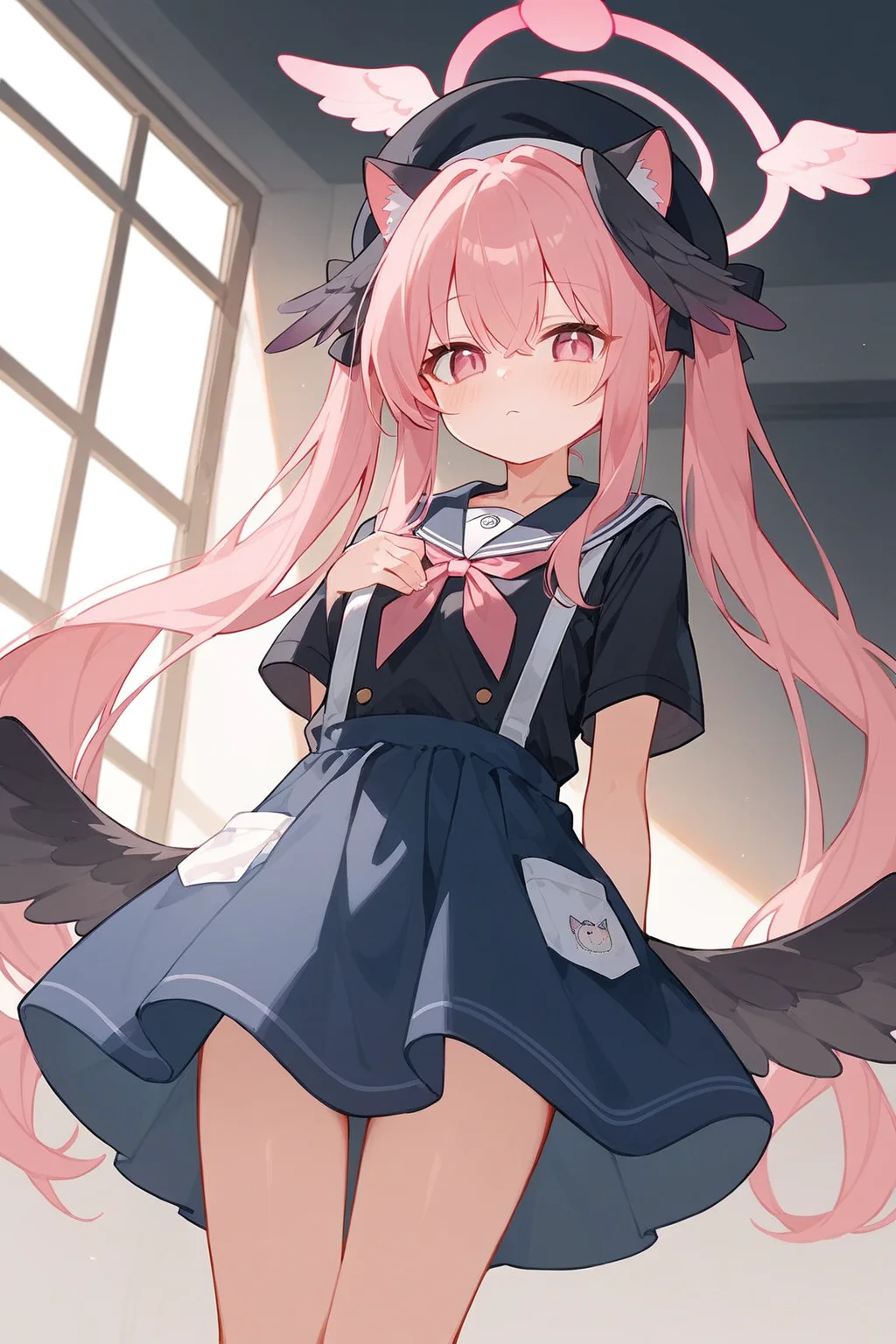 (score_9,score_8_up,score_7_up),1girl,koharu (blue archive),pink hair,head wings,wings,twintails,black wings,hat,pink eyes,halo,socks,feathered wings,black headwear,beret,long hair,winged hat,bangs,long sleeves,school uniform,low wings,1girl,animal ears,long hair,twintails,skirt,short sleeves,animal ear fluff,cat ears,looking at viewer,shirt,blush,very long hair,black shirt,bangs,ribbon,hair ribbon,apron,hair between eyes,closed mouth,cowboy shot,blue skirt,
good feet,anime,NSFW,expressive,amazing quality,ultra hd 32k,