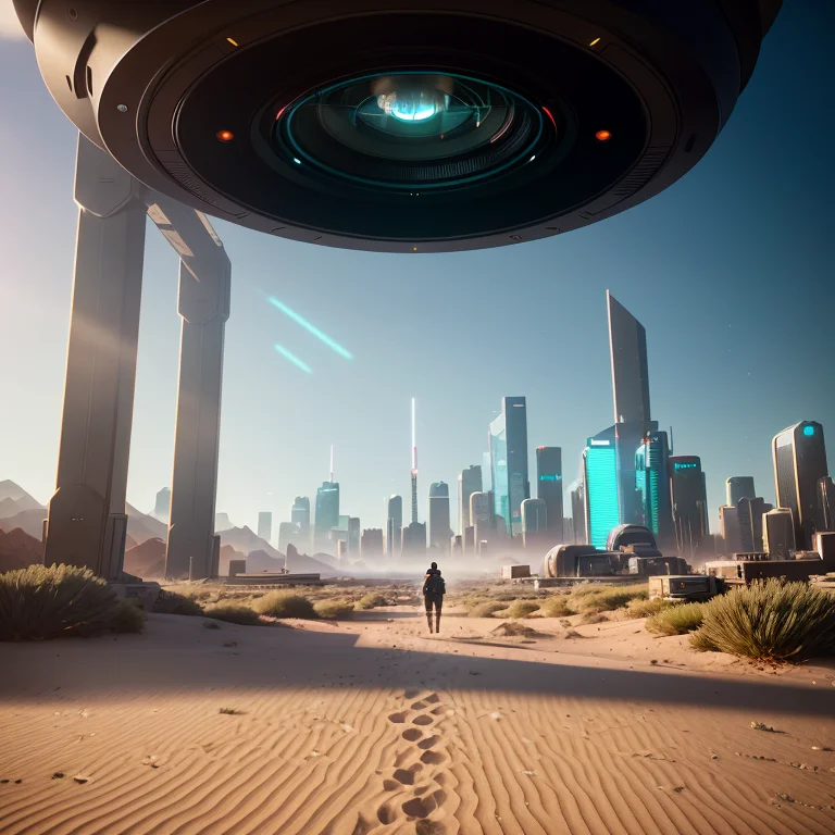FPOV shot, wide angle, (looking at a high tech portal, in modern research lab, placed at the end of long hallway), (on the other side of the portal is a Dystopian cyberpunk future), duality, (time travel), (mountains:1.1), (badlands:0.8), (sprawling cyberpunk city skyline), high vantage point, ((Establishing Shot)), (highly detailed, hyperdetailed, intricate), (lens flare:0.7), (boom:0.5), raytracing, particle effects, dust, sand, deep depth of field, soft diffused lighting, photographed on a Leica SL (Typ 601) Mirrorless Digital Camera, 24mm ultra wide lens, deep focus, 4k resolution, cinematic film still