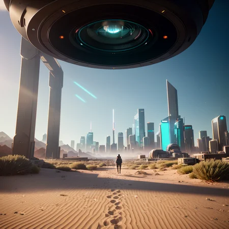 FPOV shot, wide angle, (looking at a high tech portal, in modern research lab, placed at the end of long hallway), (on the other side of the portal is a Dystopian cyberpunk future), duality, (time travel), (mountains:1.1), (badlands:0.8), (sprawling cyberpunk city skyline), high vantage point, ((Establishing Shot)), (highly detailed, hyperdetailed, intricate), (lens flare:0.7), (boom:0.5), raytracing, particle effects, dust, sand, deep depth of field, soft diffused lighting, photographed on a Leica SL (Typ 601) Mirrorless Digital Camera, 24mm ultra wide lens, deep focus, 4k resolution, cinematic film still