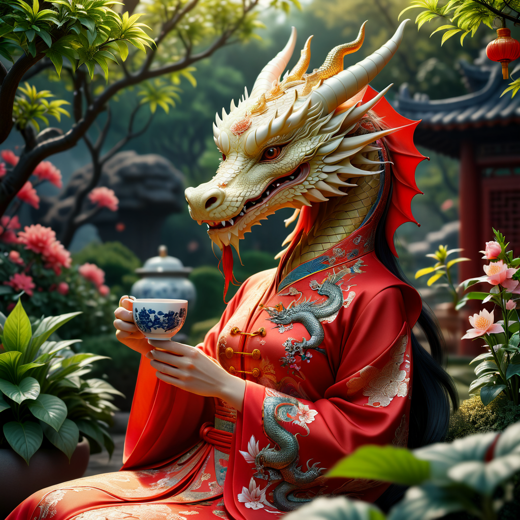 photo realistic, dragon wearing a dress drinking a cup of tea in a garden, (HD, masterpiece, best quality, hyper detailed, ultra detailed, super realistic),amazing, traditional_chinese_clothes_sdxl-000006<lora:sdxl\mine\traditional_chinese_clothes_sdxl-000006.safetensors:0.32:0.32>