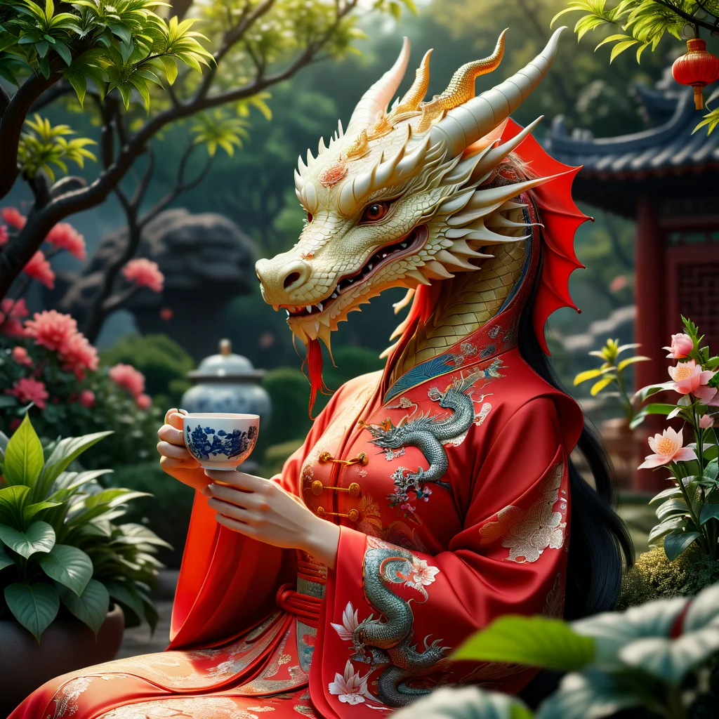 photo realistic, dragon wearing a dress drinking a cup of tea in a garden, (HD, masterpiece, best quality, hyper detailed, ultra detailed, super realistic),amazing, traditional_chinese_clothes_sdxl-000006<lora:sdxl\mine\traditional_chinese_clothes_sdxl-000006.safetensors:0.32:0.32>