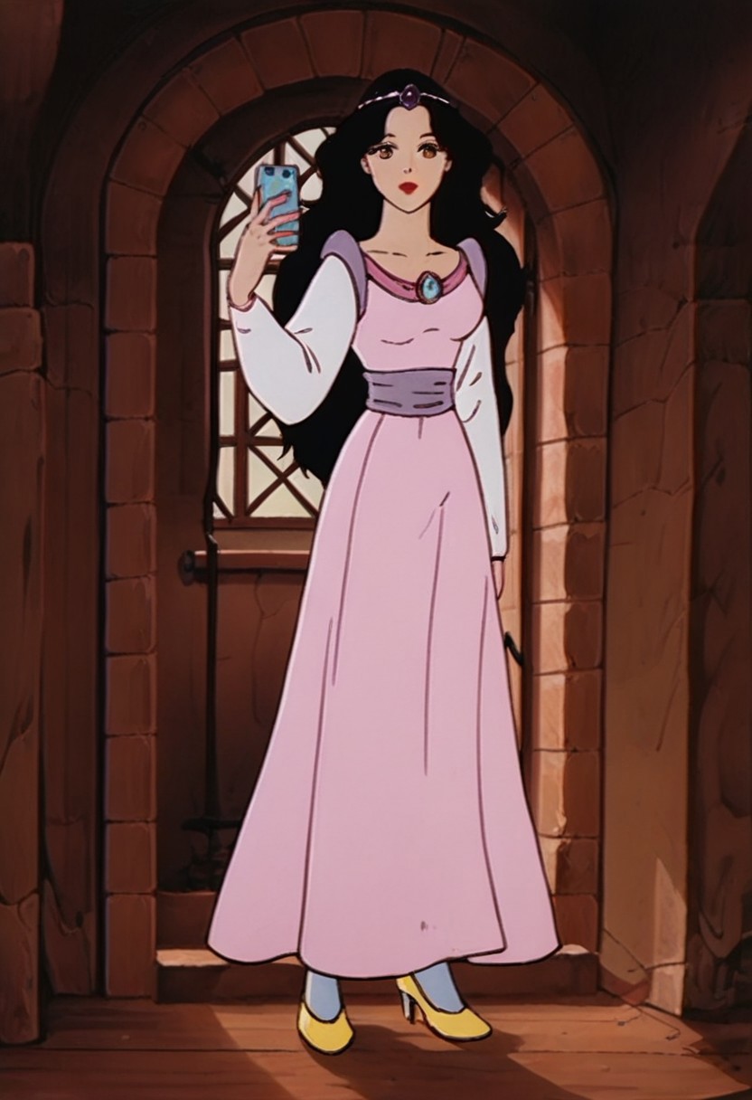 score_9_up, score_8_up, score_7_up, 1980s (style), retro artstyle, source_cartoon, rating_safe 
JetLagSnowWhite, 1girl, black hair, long hair,  lipstick, makeup, red lips, brown eyes, tiara, circlet, jewelry, gem, dress, long sleeves, pink dress, purple dress, white dress,
solo, standing, bedroom, window, bed, pillows, detailed background, mirror, selfie, cellphone holding cellphone, blue cellphone, solo pokeball_(/basic/), full body, yellow footwear, blue pantyhose short, skirt