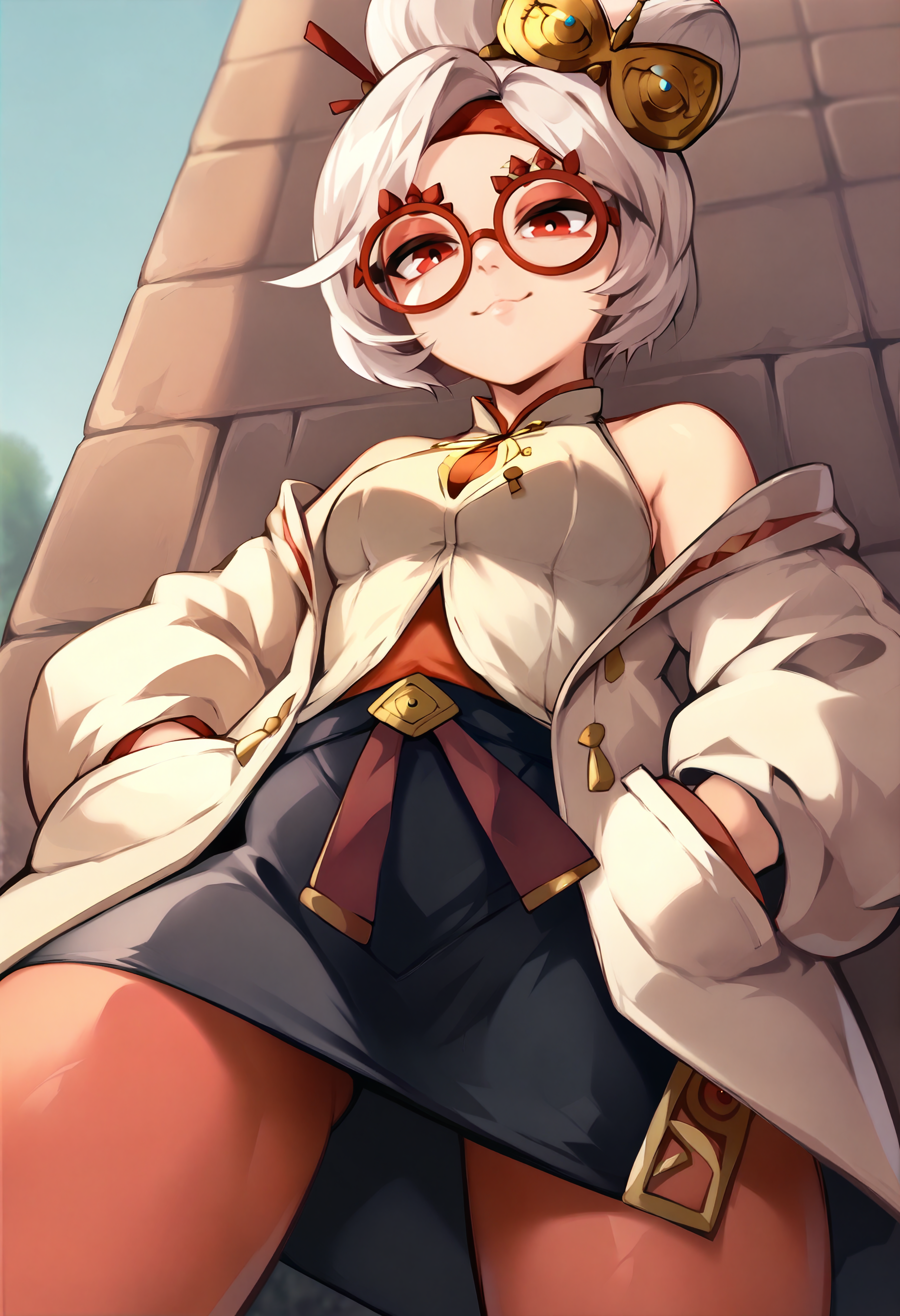score_9, score_7_up BREAK solo,outdoors,purah,white hair,red eyes,hair ornament, red headband, red glasses, sleeveless shirt, white coat, black skirt, red leggings,hands in pockets,smug,closed mouth,from below  <lora:purah-pdxl-nvwls-v1:1> <lora:queasys:1>