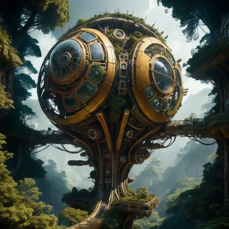 Biomorphic stunning abondend space station ruin in forest biomechanical interface maximalist perfect illustration, digital painting art, scifi, futuristic, utopian, machine parts, body parts, wires, circuits, highly detailed, floral, octane render, cinematic, aerial look from above, hauntingly surreal, highly detailed and intricate, rich deep colors, intricate artwork masterpiece, ominous, matte painting movie poster, golden ratio, intricate, epic, artistic masterwork by head of prompt engineering <lora:xl_more_art-full_v1:0.5> <lora:add-detail-xl:2>