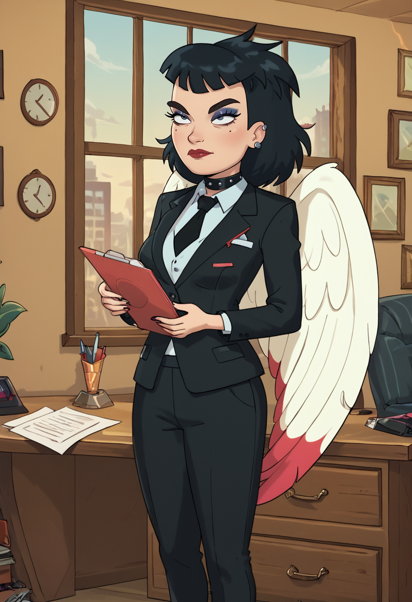 score_9, score_8_up, score_8,      <lora:Birddaughter_Rick_and_Morty_for_PonyXL:0.8>  1girl, wings, b1rdd4ught3r, black hair, makeup, collar, suit, professional, office, window,