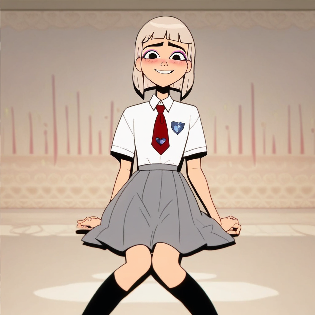 score_9, score_8_up, score_7_up, source_cartoon, perfect lighting, very aesthetic, intricate details, highly detailed background, high quality, prefect hands, best quality,s,, jentry chau, jentry chau vs the underworld, platinum blonde hair, medium hair, black eyes, pink eye shadow school uniform, white shirt, red tie, grey skirt, indoors, school, looking at viewer, smile, embarassed, blush, black socks, detailed background