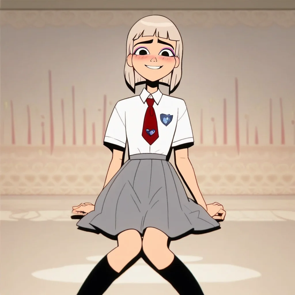 score_9, score_8_up, score_7_up, source_cartoon, perfect lighting, very aesthetic, intricate details, highly detailed background, high quality, prefect hands, best quality,s,, jentry chau, jentry chau vs the underworld, platinum blonde hair, medium hair, black eyes, pink eye shadow school uniform, white shirt, red tie, grey skirt, indoors, school, looking at viewer, smile, embarassed, blush, black socks, detailed background