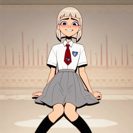 score_9, score_8_up, score_7_up, source_cartoon, perfect lighting, very aesthetic, intricate details, highly detailed background, high quality, prefect hands, best quality,s,, jentry chau, jentry chau vs the underworld, platinum blonde hair, medium hair, black eyes, pink eye shadow school uniform, white shirt, red tie, grey skirt, indoors, school, looking at viewer, smile, embarassed, blush, black socks, detailed background
