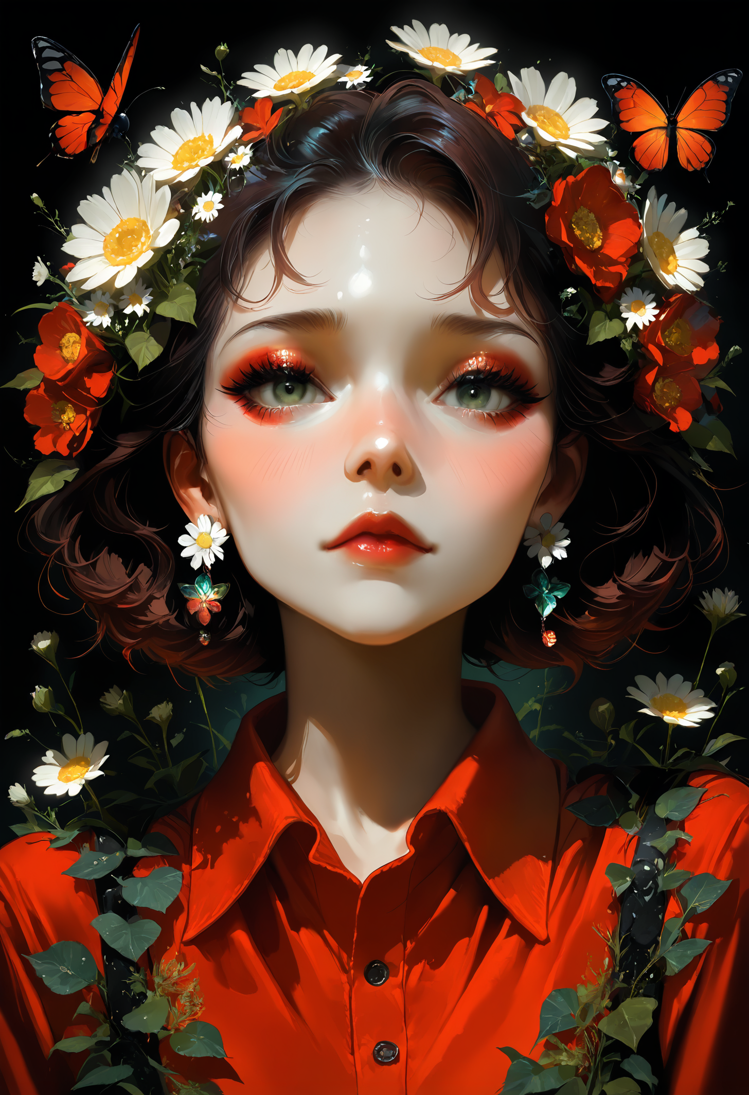 masterpiece, best quality, good quality, very awa, very aesthetic, absurdres, newest, 1girl, solo, looking_at_viewer, blush, shirt, brown_hair, hair_ornament, closed_mouth, jewelry, brown_eyes, green_eyes, flower, earrings, collared_shirt, hair_flower, eyelashes, lips, makeup, leaf, white_flower, black_background, portrait, bug, red_shirt, lipstick, butterfly, eyeshadow, nose, realistic, red_lips, flower_earrings, daisy