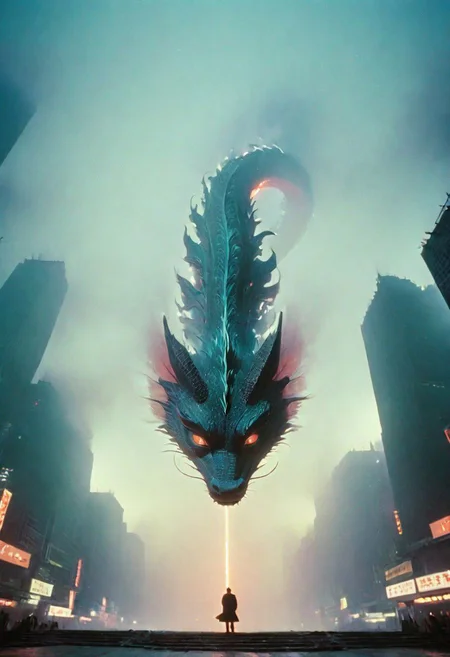 Low Angle Shot, eastern dragon by franco fontana, Blade Runner Style, Capture the awe-inspiring sight of a colossal, mystical Chinese eastern dragon weaving through a labyrinth of a dystopian mega city skyline, its luminous, semi-transparent form illuminated against the night sky.
atmospheric haze, Film grain, cinematic film still, shallow depth of field, highly detailed, high budget, cinemascope, moody, epic, OverallDetail, gorgeous, 2000s vintage RAW photo, photorealistic, candid camera, color graded cinematic, eye catchlights, atmospheric lighting, skin pores, imperfections, natural, shallow dof