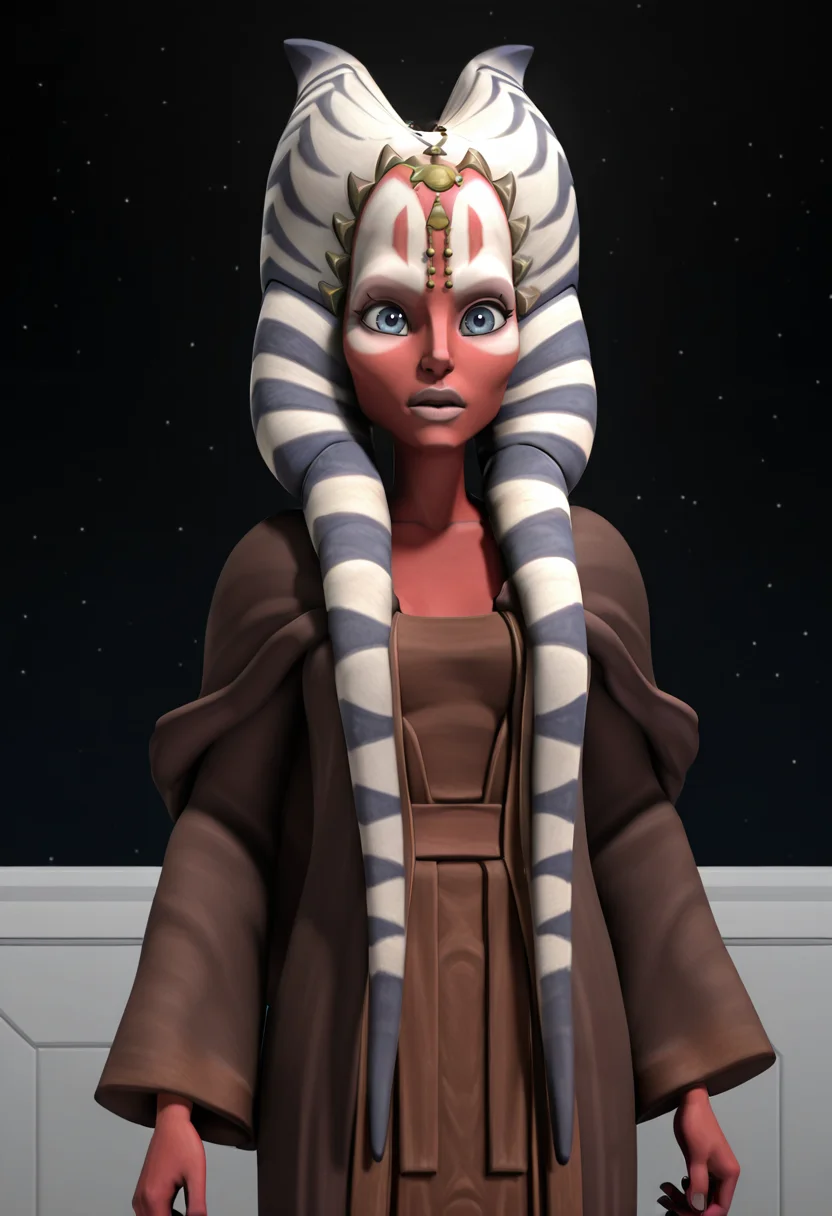 <lora:Shaak_Ti:1> shaak_ti, togruta, blue_white_lekku, red_skin, facial_markings, dark_brown_and_beige_outfit, head_jewelry, original_appearance, clone_wars_style, star_wars_background, 3d, full_body