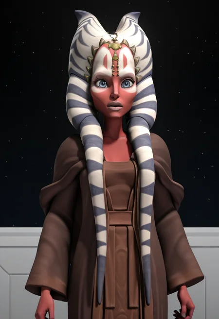 <lora:Shaak_Ti:1> shaak_ti, togruta, blue_white_lekku, red_skin, facial_markings, dark_brown_and_beige_outfit, head_jewelry, original_appearance, clone_wars_style, star_wars_background, 3d, full_body